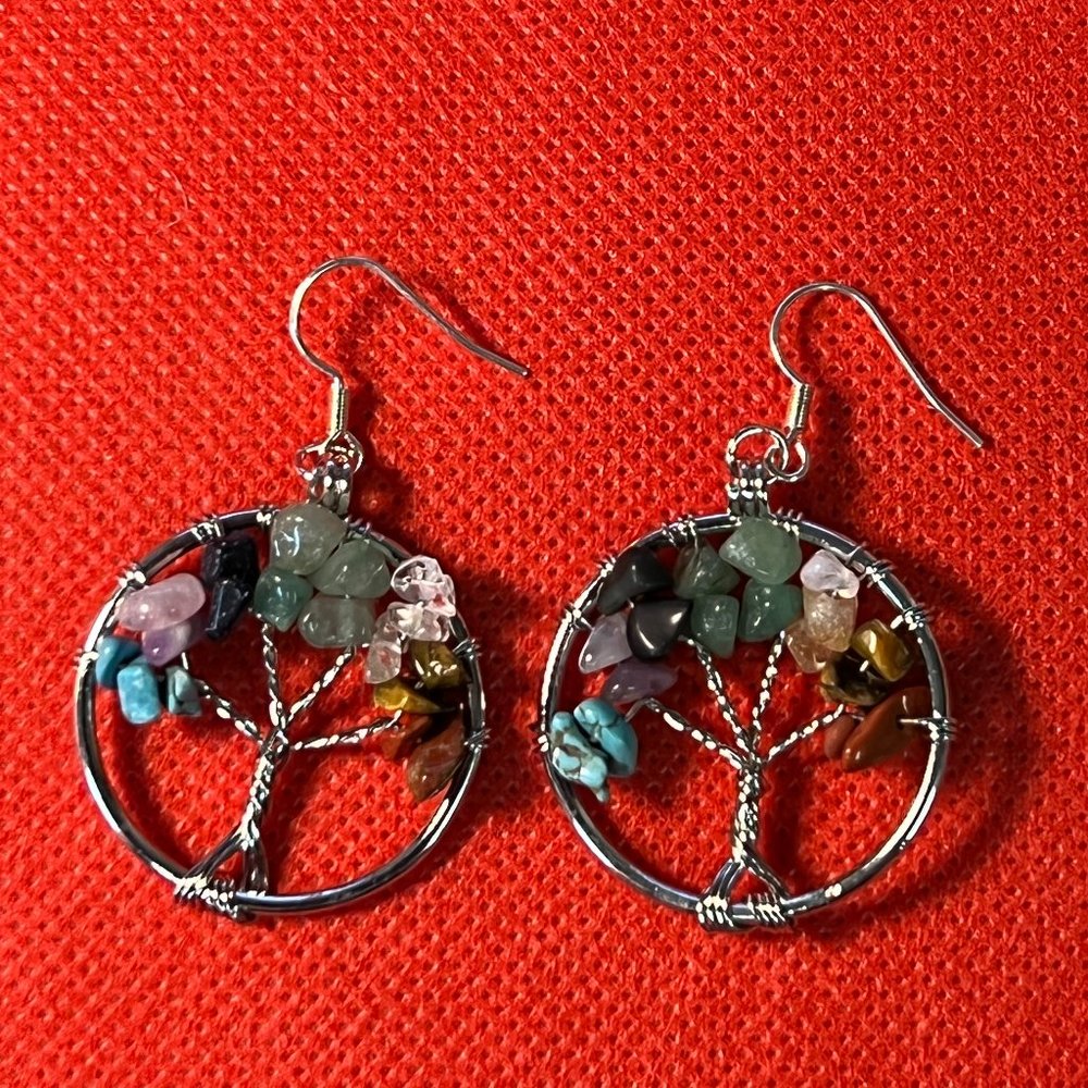 7 Chakra Natural Quartz Tree of Life Silver Tone Earrings 0270